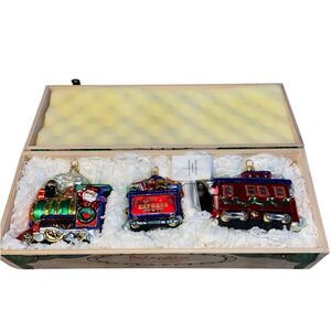 Kurt Adler Glass Polonaise Wooden Box Set "SANTA EXPRESS TRAIN” 3 Pieces
